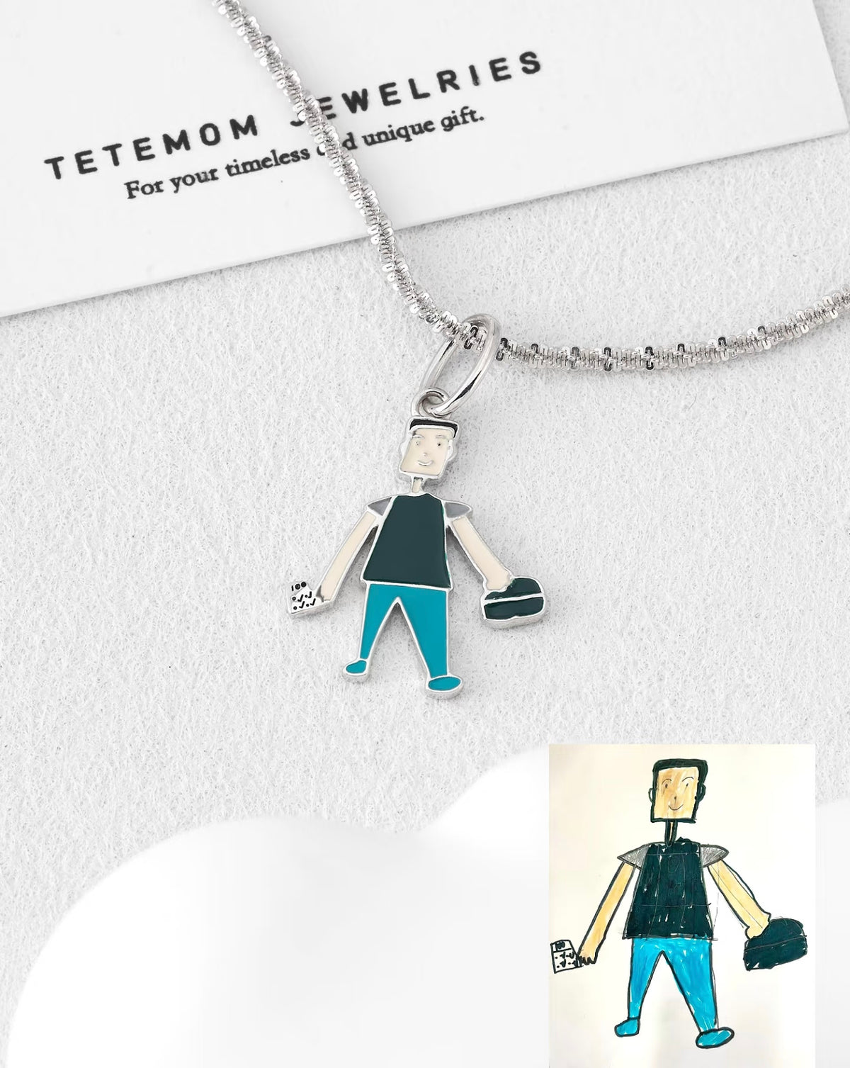 Custom Kids’ Drawing · 18K Gold Enamel Dad Pendant — TETEMOM personalized kids art necklace capturing a father figure as a