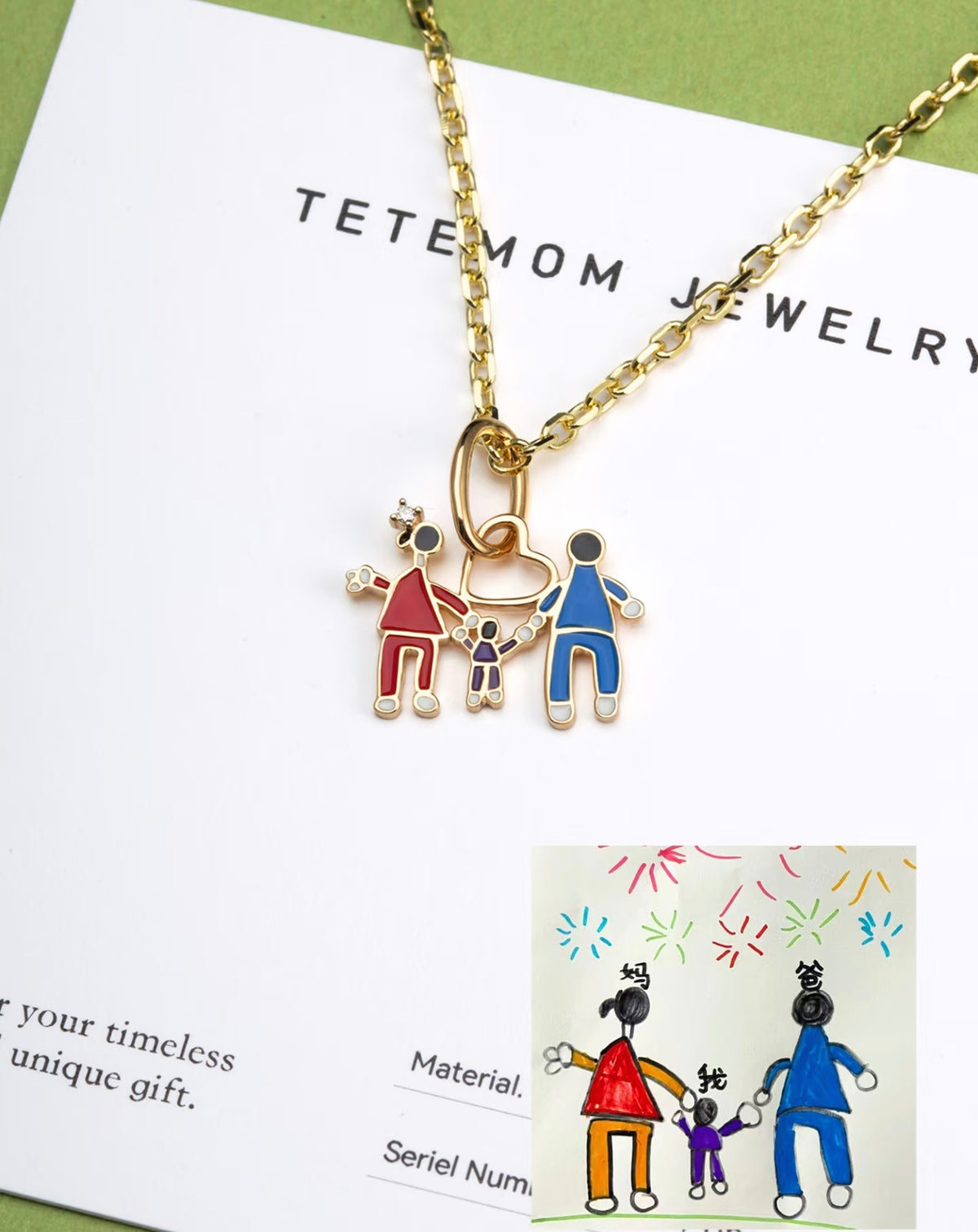 Custom Kids’ Drawing · 18K Gold Enamel Family Necklace — TETEMOM personalized kids art family jewelry preserving childhood