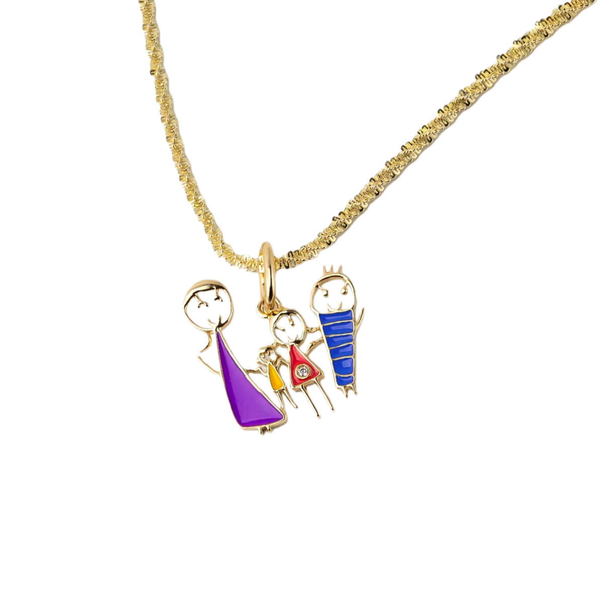 Custom Kids’ Drawing · 18K Gold Enamel Family Pendant (Family of Four) — TETEMOM custom family pendant created from a child’s