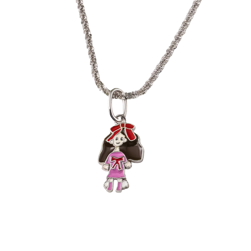 Custom Kids’ Drawing · 18K Gold Enamel Little Girl Pendant — Necklace with a pendant of a girl in a pink dress on a white