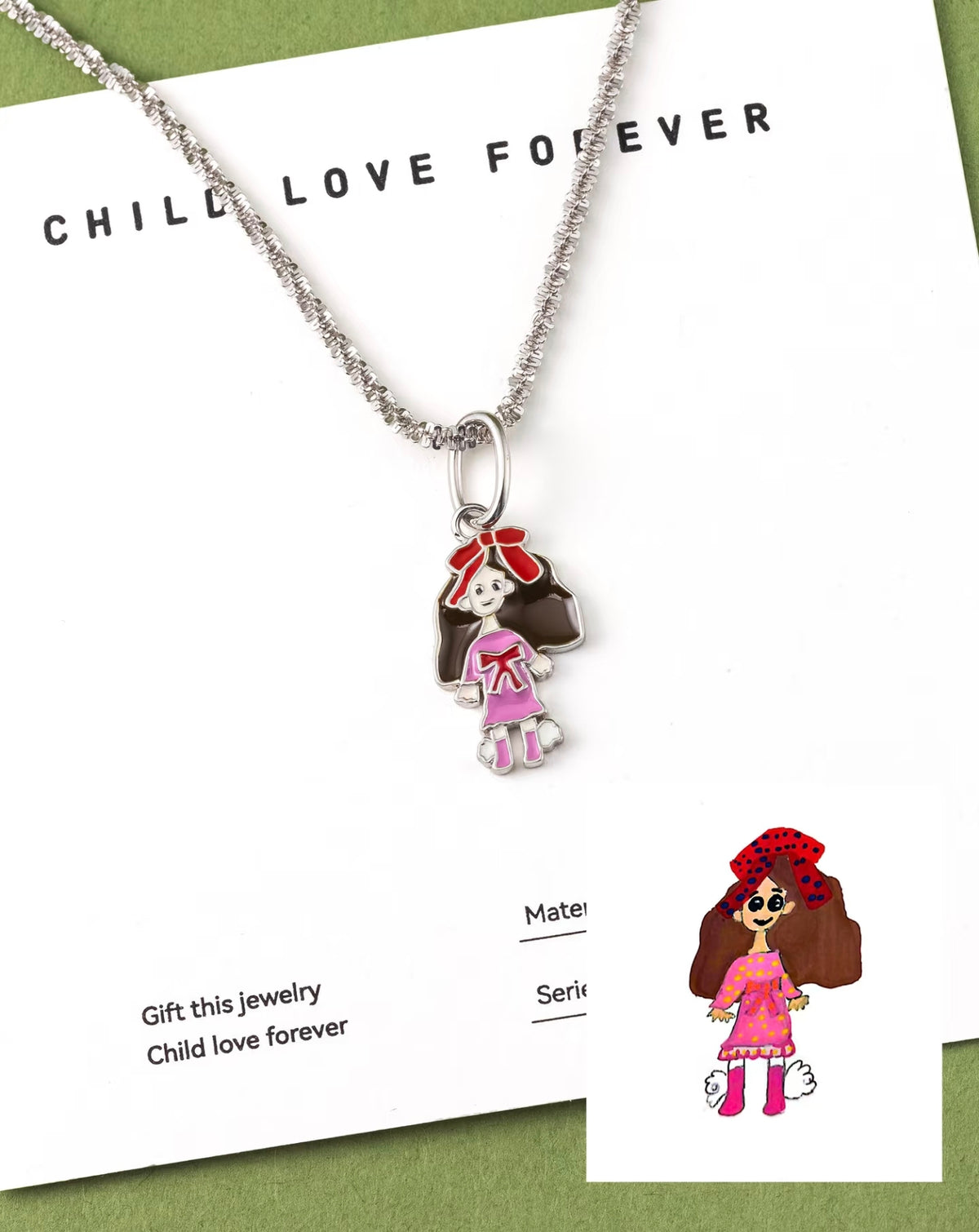 Custom Kids’ Drawing · 18K Gold Enamel Little Girl Pendant — TETEMOM personalized kids art necklace preserving a pink-dress