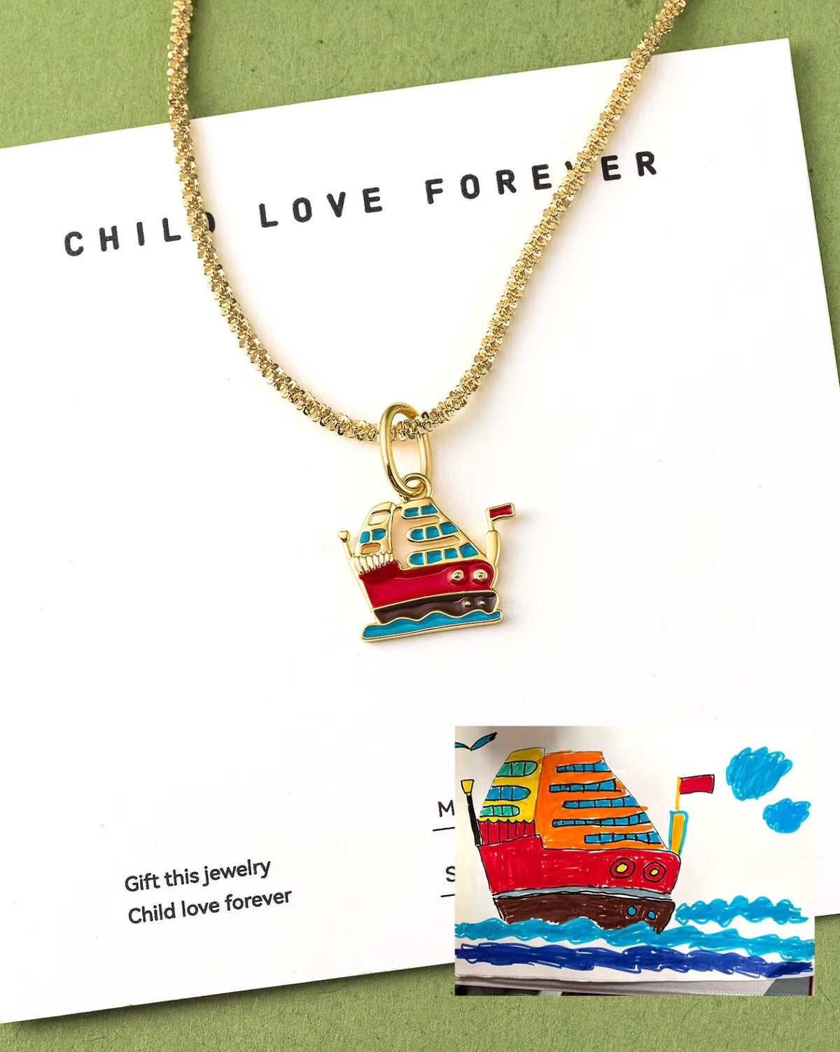 Custom Kids’ Drawing · 18K Gold Enamel Ship Pendant — TETEMOM personalized kids art necklace featuring a colorful ship design