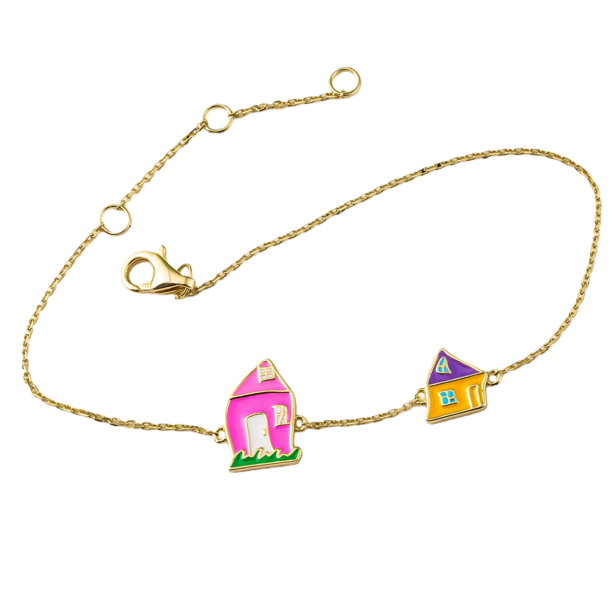 Custom Kids’ Drawing · 18K Gold Enamel Sweet Home Bracelet — Bracelet with colorful house-shaped charms on a white background