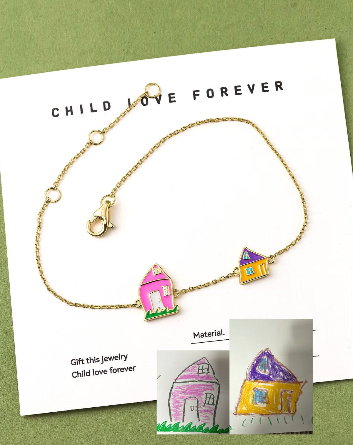 Custom Kids’ Drawing · 18K Gold Enamel Sweet Home Bracelet — TETEMOM personalized kids art bracelet featuring colorful home