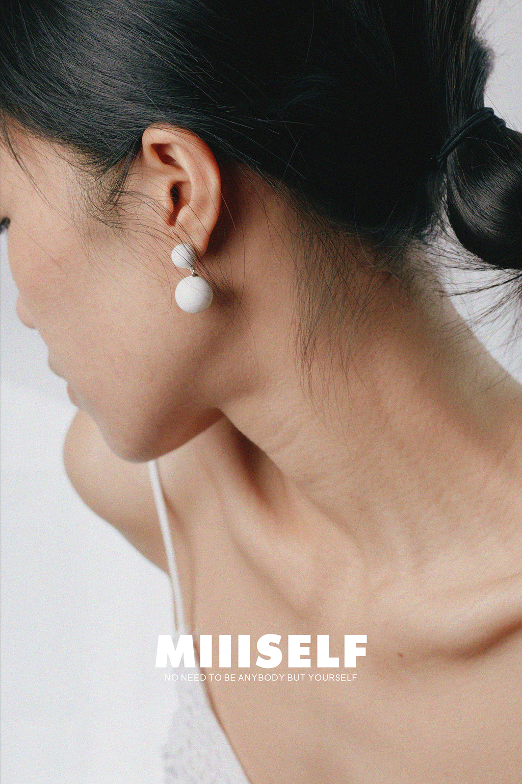 MIIISELF Double Sphere White Agate Earrings from the Inorganic Elements collection with minimalist geometric design.