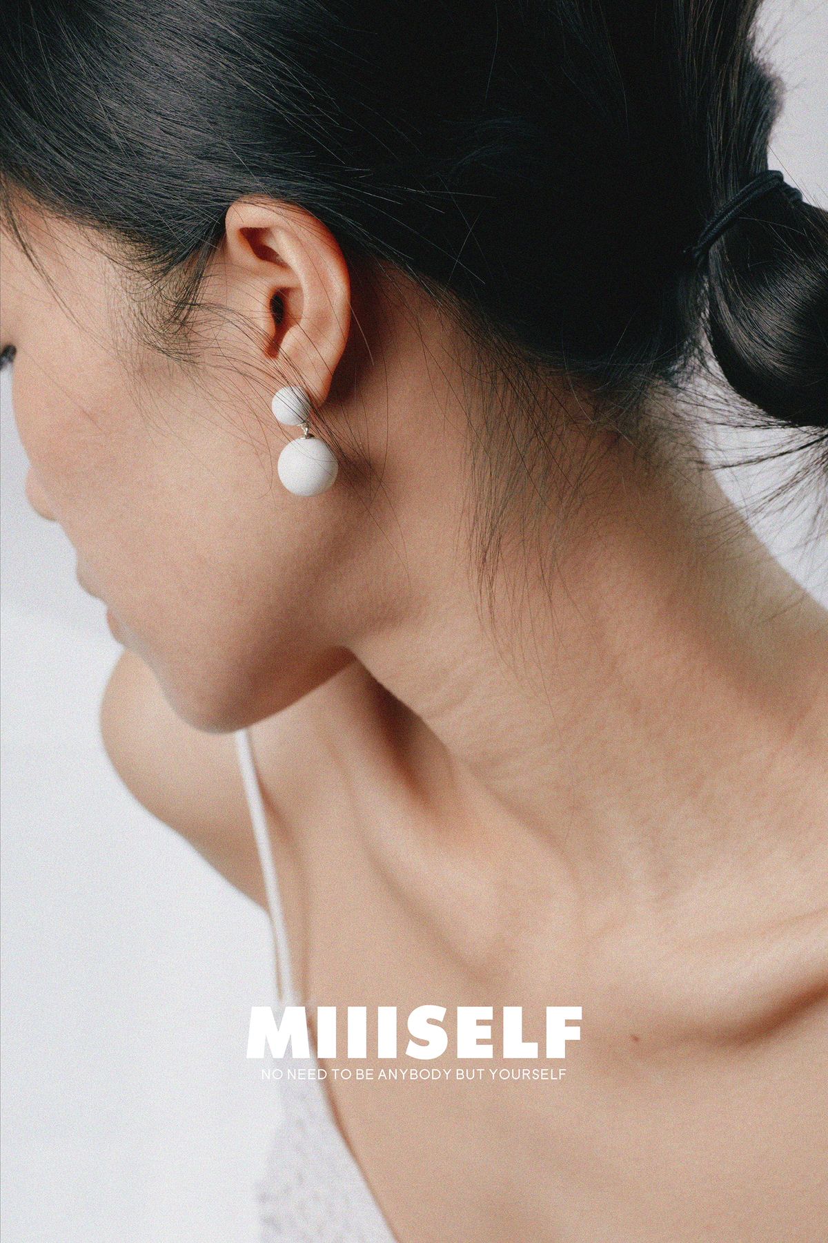 MIIISELF Double Sphere White Agate Earrings from the Inorganic Elements collection with minimalist geometric design.