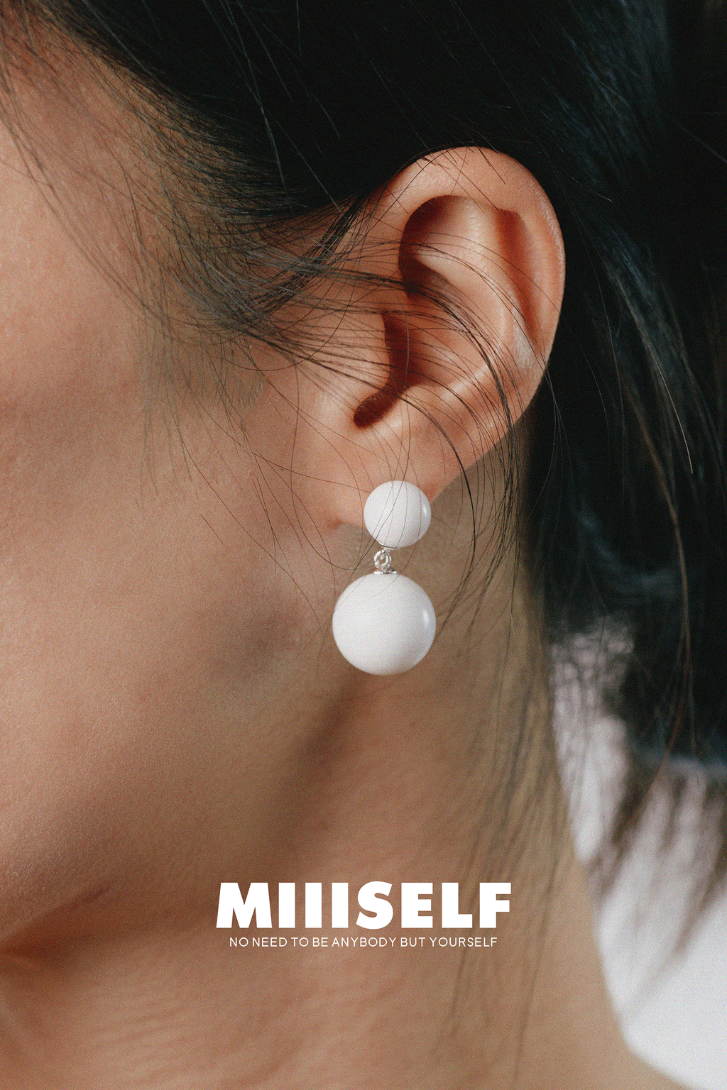 Double Sphere White Agate Earrings — MIIISELF modern minimalist earrings combining clean geometric form with subtle dimension