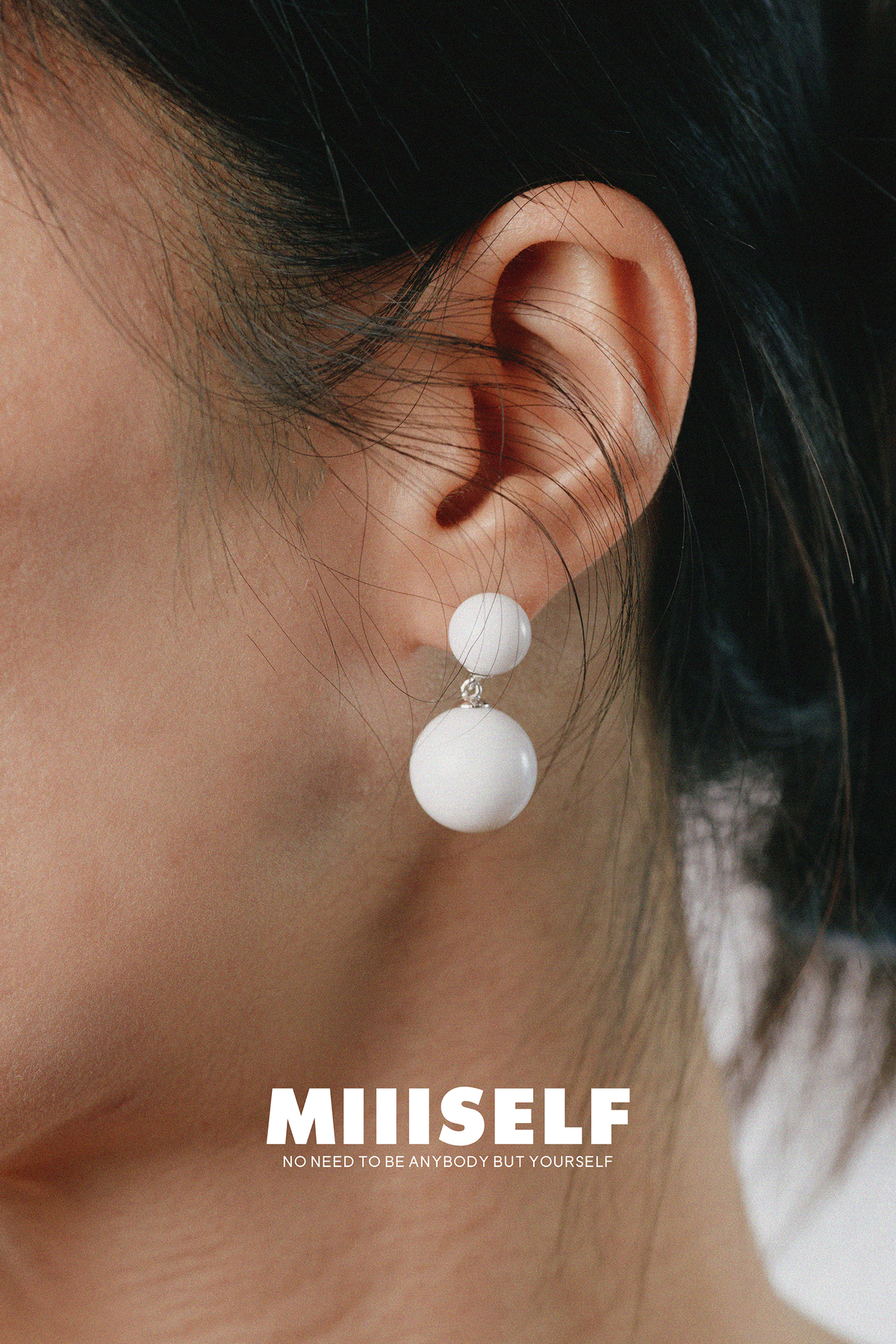 Double Sphere White Agate Earrings — MIIISELF modern minimalist earrings combining clean geometric form with subtle dimension