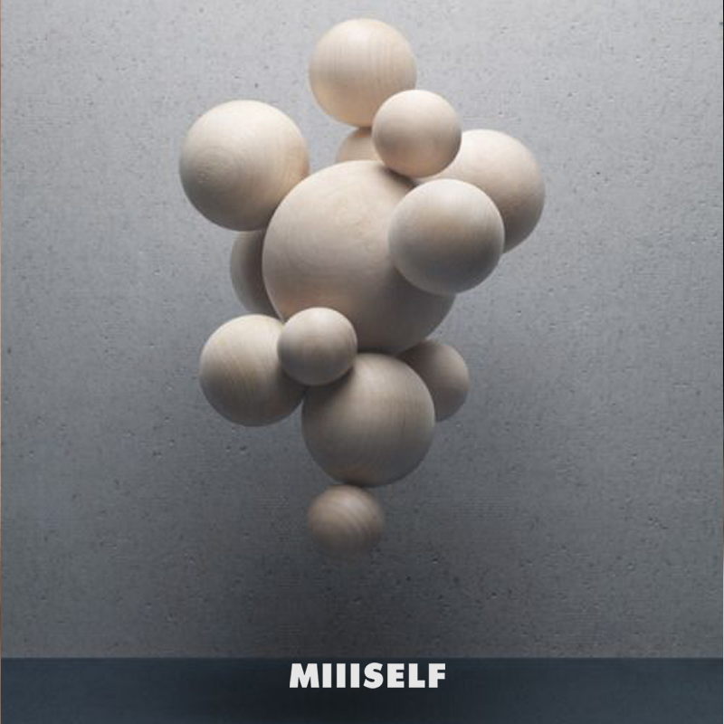 Double Sphere White Agate Earrings — Wooden spheres on a gray background with 'MIIISELF' branding.