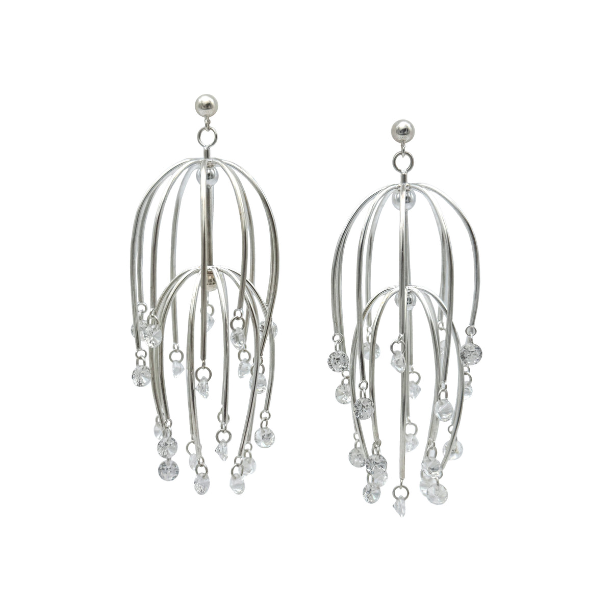 Drooping Begonia Drop Earrings — Silver chandelier earrings with dangling beads on a white background