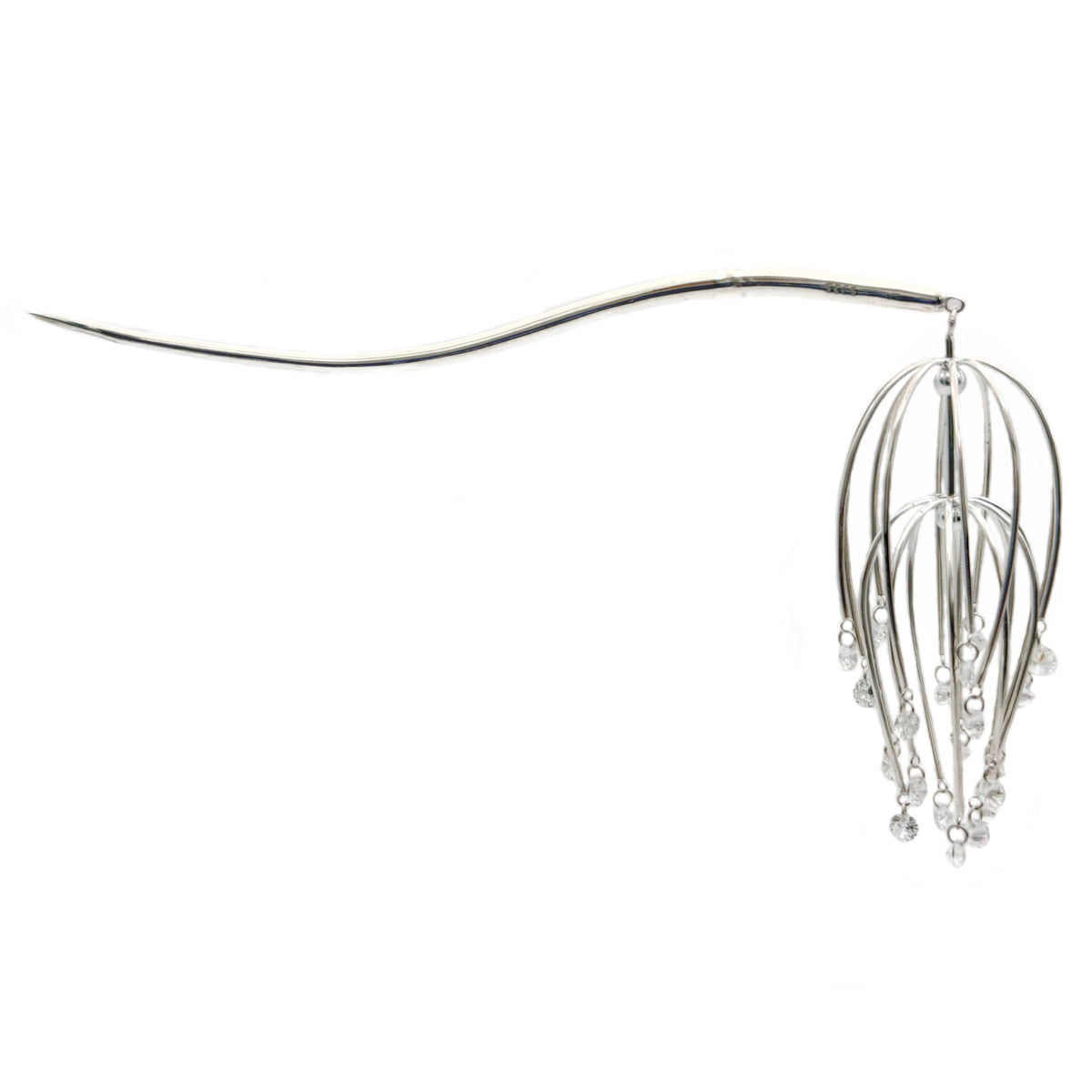 Drooping Begonia Hairpin — Silver hair accessory with hanging elements on a white background