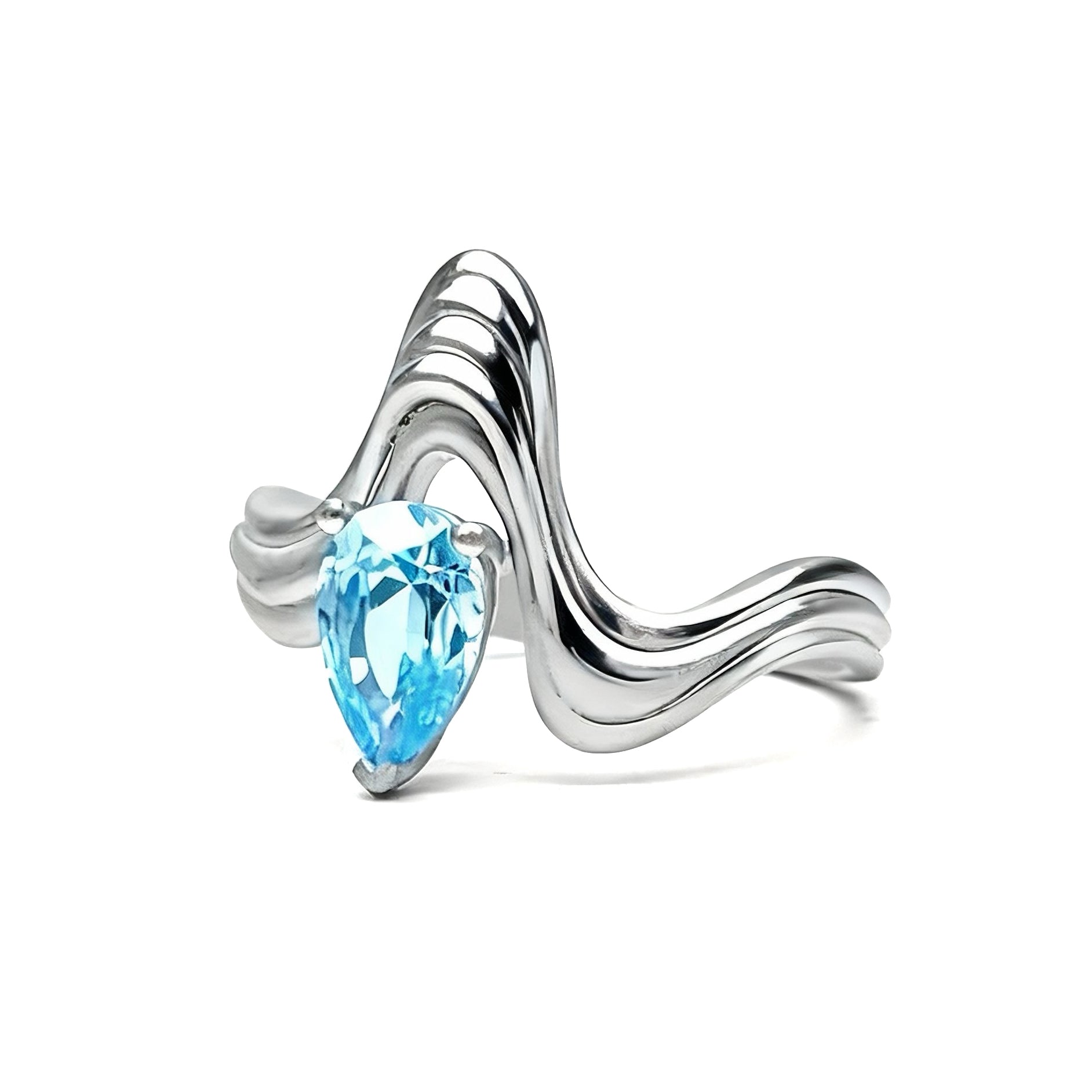 Silver ring with a pear-shaped blue gemstone on a white background