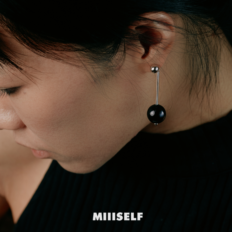 Geometric Sphere Drop Earrings — MIIISELF Inorganic Elements collection earrings featuring a polished sphere suspended from a