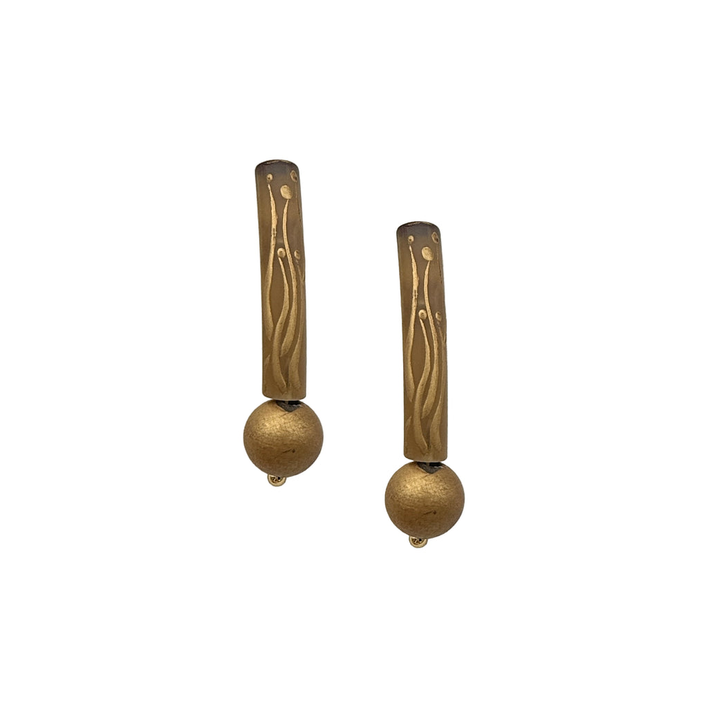 Golden Orchid Lacquer Quasi-Maki-e Earrings — Pair of gold earrings with wooden accents on a white background