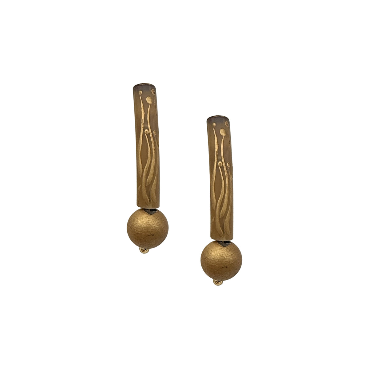 Golden Orchid Lacquer Quasi-Maki-e Earrings — Pair of gold earrings with wooden accents on a white background