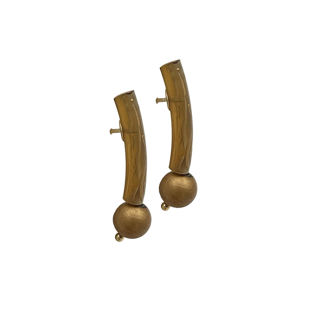 Golden Orchid Lacquer Quasi-Maki-e Earrings — Pair of gold hoop earrings with spherical accents on a white background