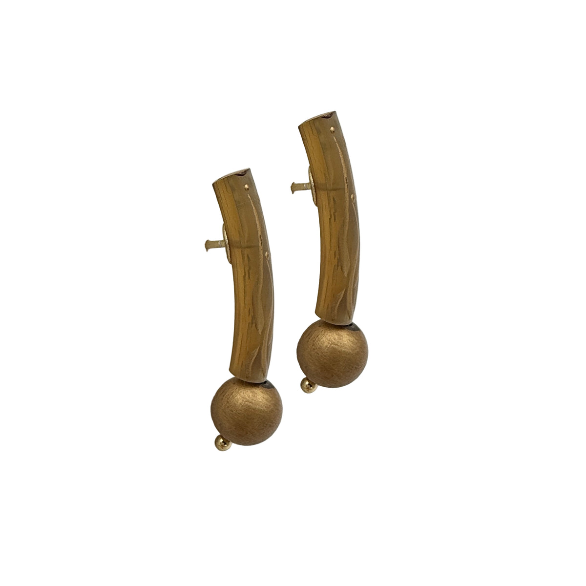 Golden Orchid Lacquer Quasi-Maki-e Earrings — Pair of gold hoop earrings with spherical accents on a white background