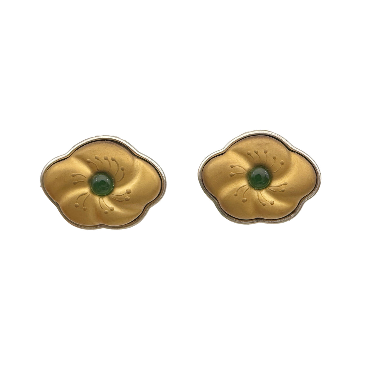 Golden Peach Blossom Lacquer Quasi-Maki-e Earrings — Pair of gold floral earrings with green centers on a white background