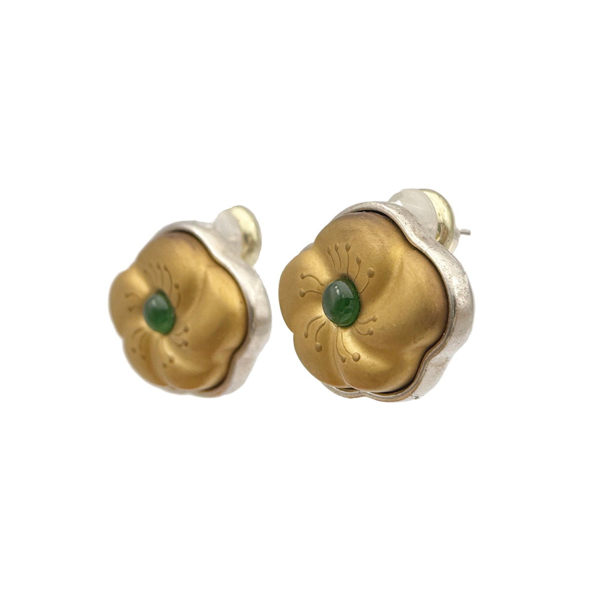 Golden Peach Blossom Lacquer Quasi-Maki-e Earrings — Pair of gold and silver floral earrings with green gemstones on a white
