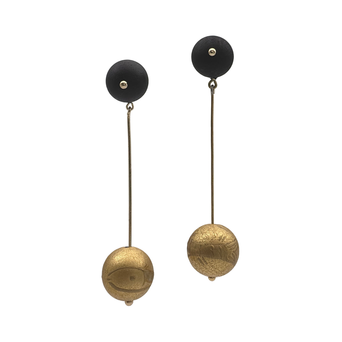 Goldfish Lacquer Quasi-Maki-e Earrings — Pair of earrings with black and gold spherical designs on a white background