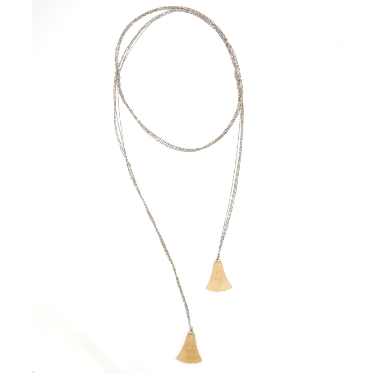 Gourd Vine Long Necklace — Necklace with gold triangle pendants on a white background