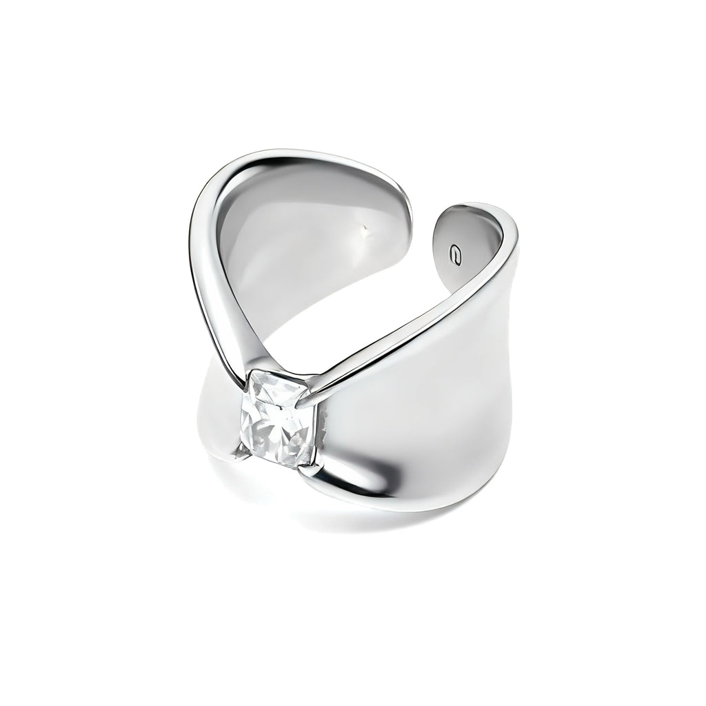 Grace Fold · Moissanite & Silver Ring — Silver ring with a diamond on a white background