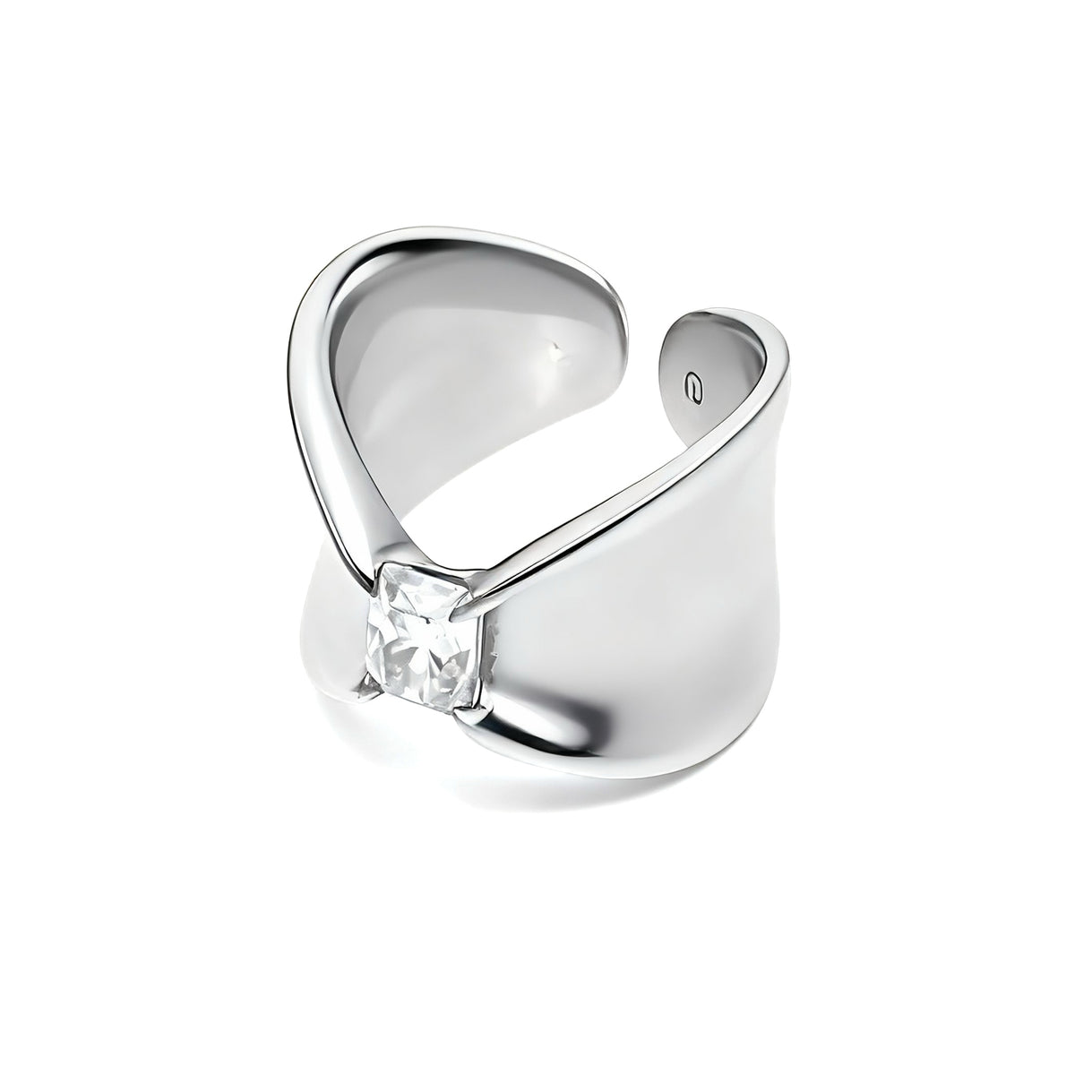 Grace Fold · Moissanite & Silver Ring — Silver ring with a diamond on a white background