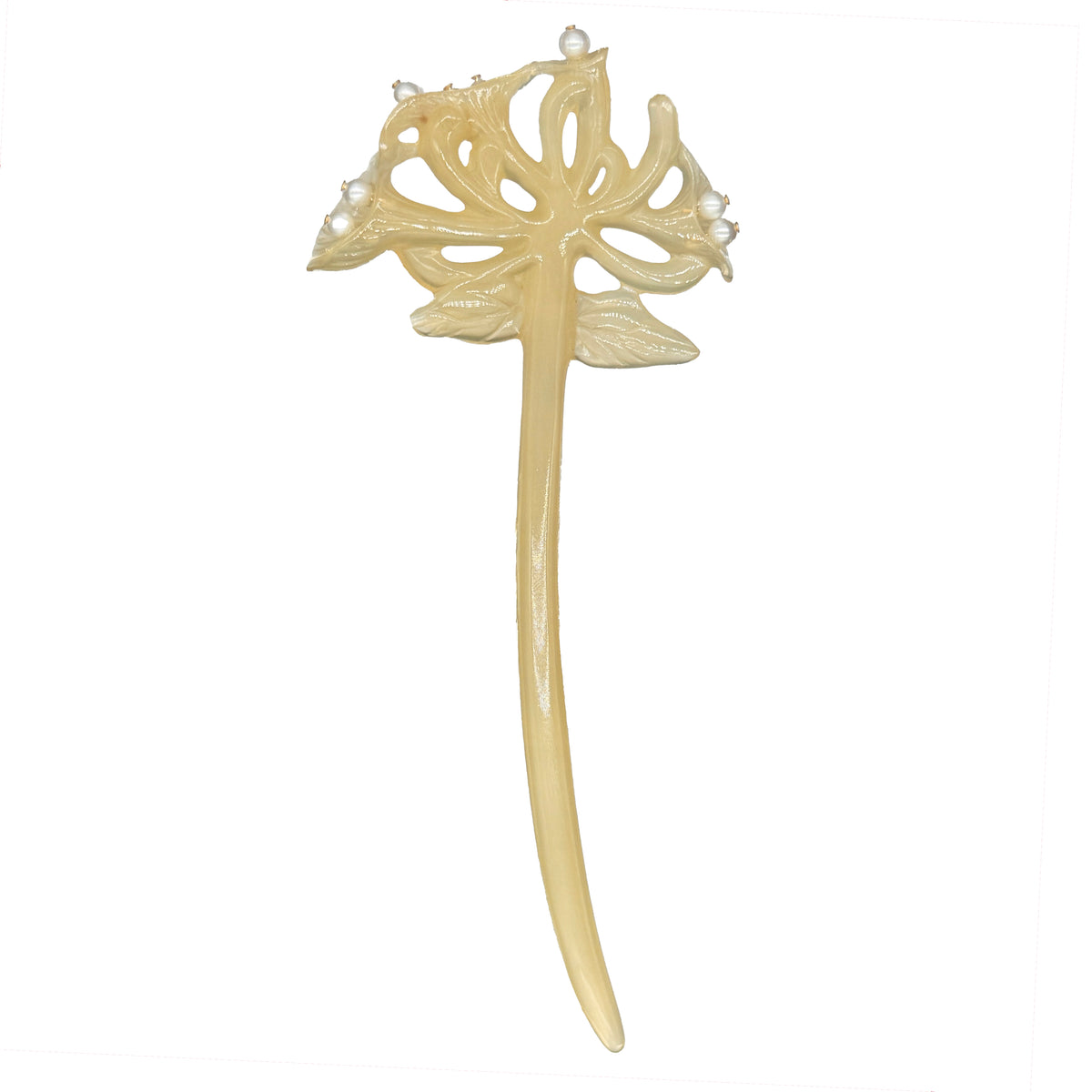 Honeysuckle Pearl Hairpin – Small — Decorative hair stick with leaf design on a white background