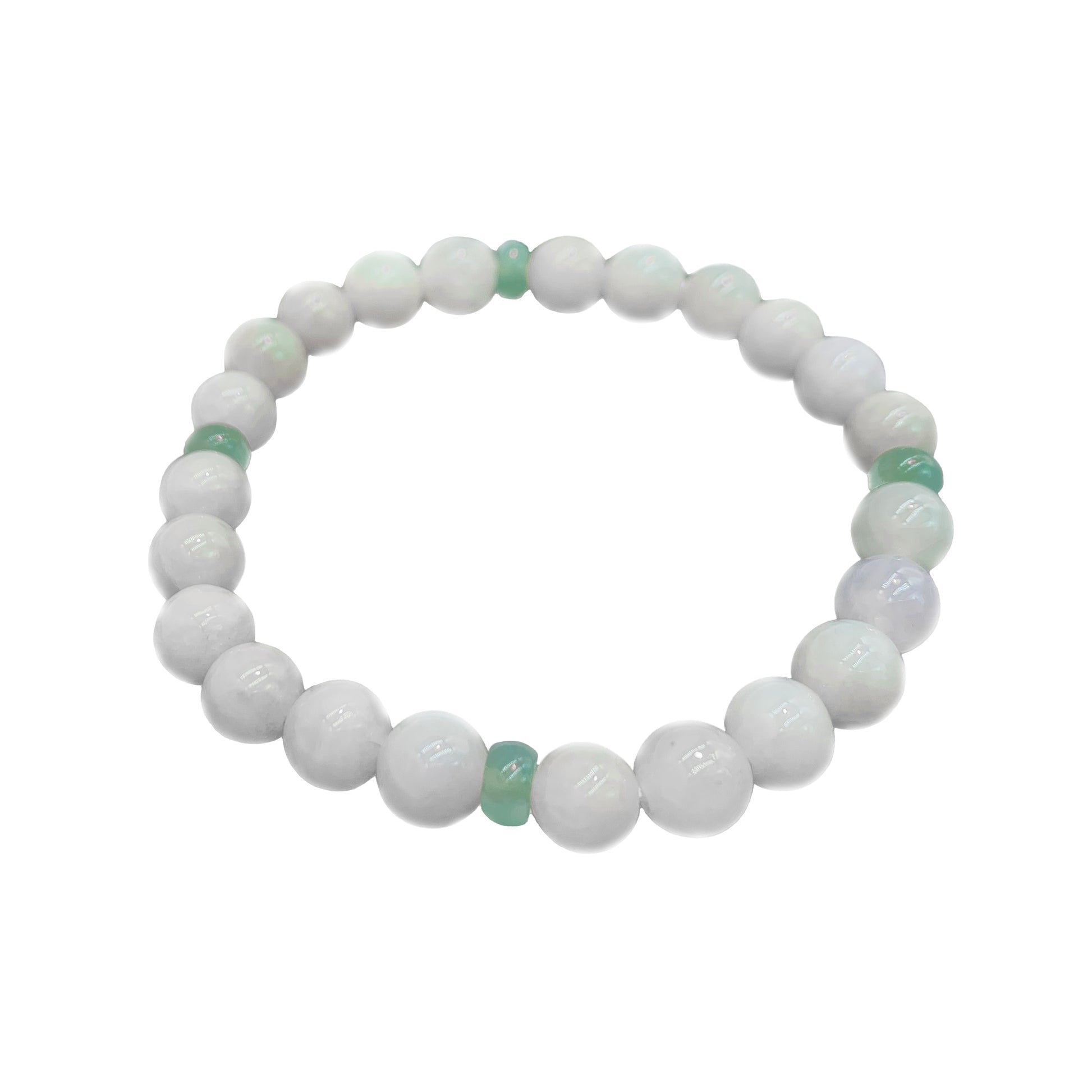 Beaded bracelet with white and green beads on a white background