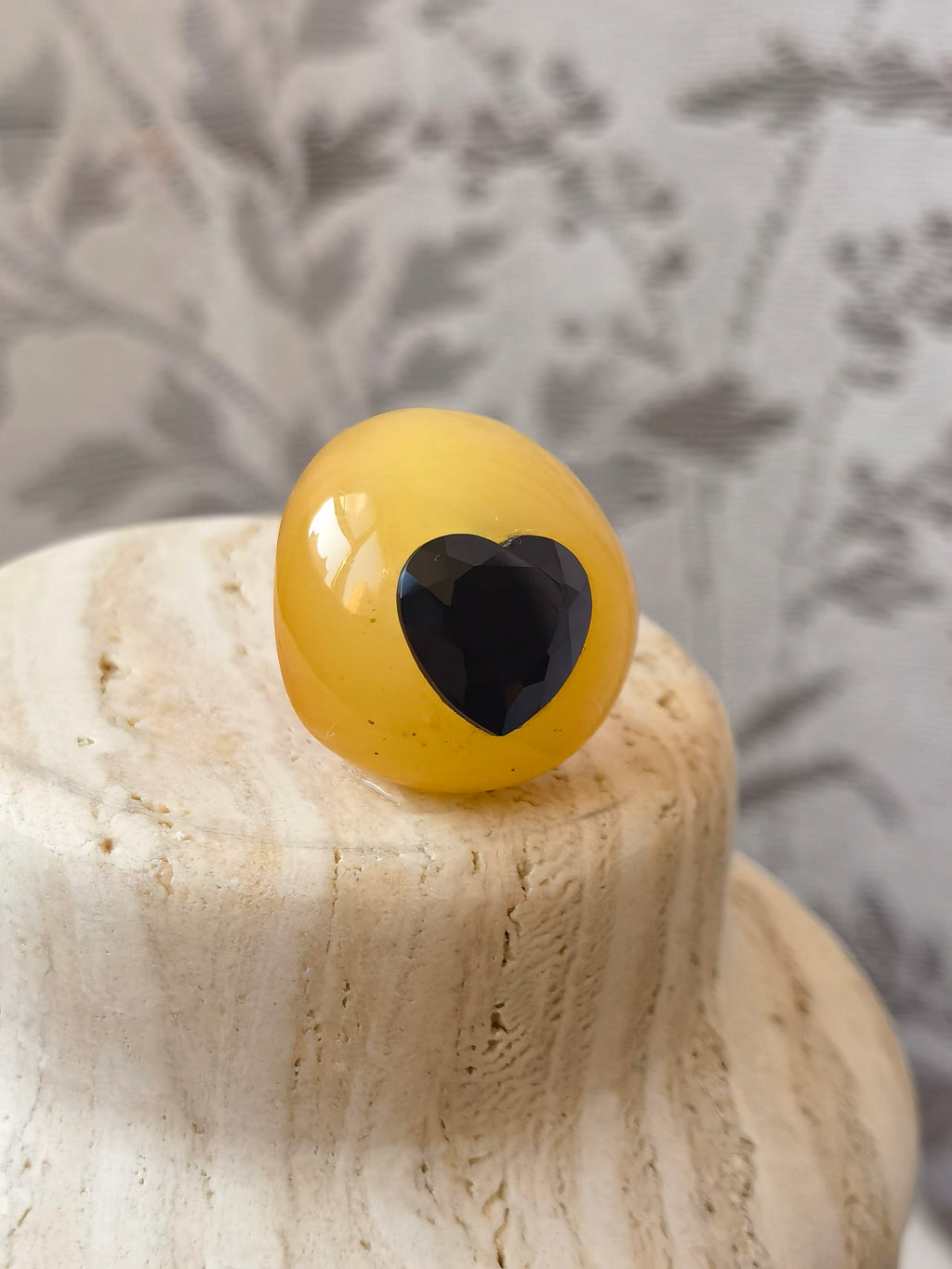 I’m Watching You · Amber & Black Spinel Brooch — Artisan made amber brooch combining warm golden amber with a deep black