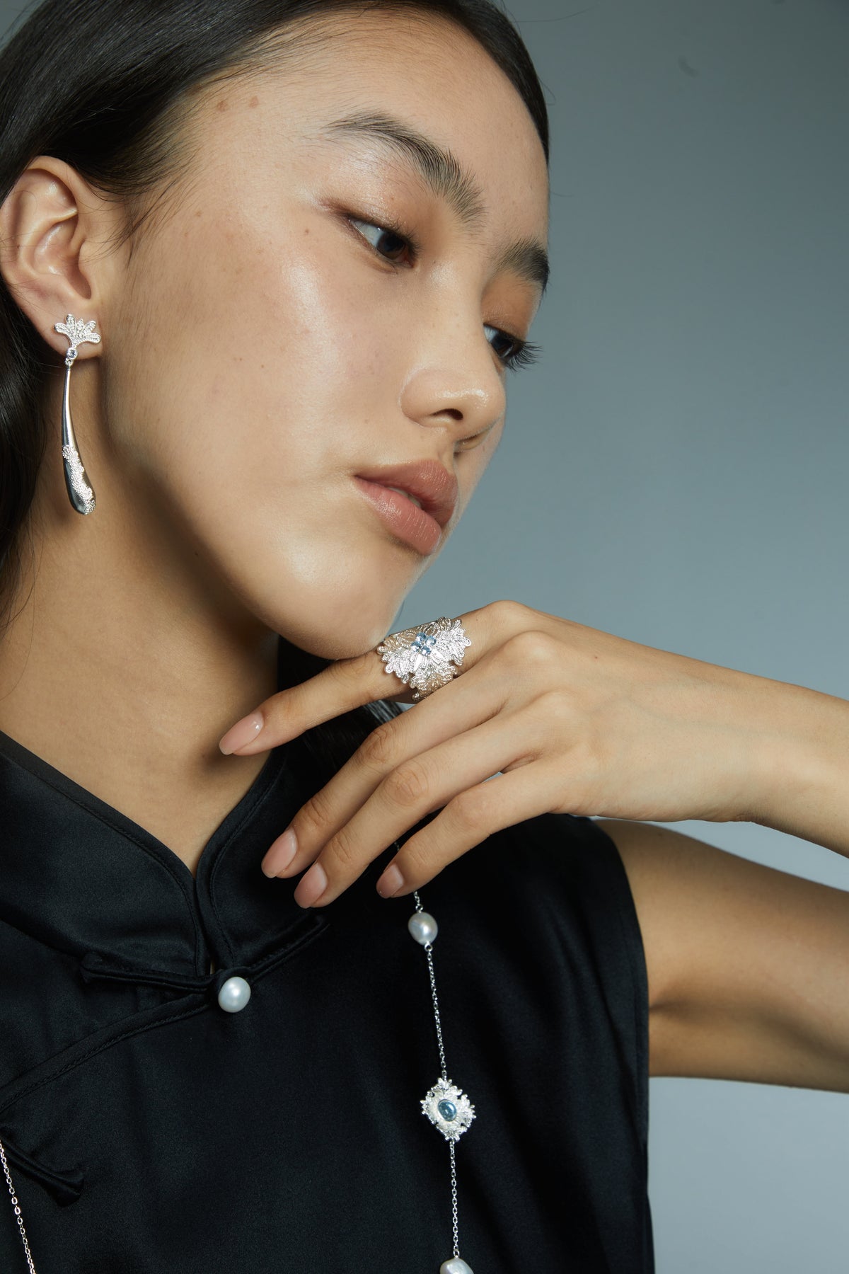 Lacey Blooming Shield Ring — Blue Spinel by Luna-mi, product view 4