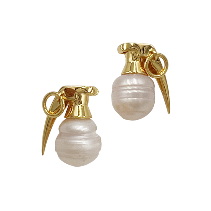 Last Gift · Grenade Pearl Stud Earrings — Pair of pearl earrings with gold accents on a white background