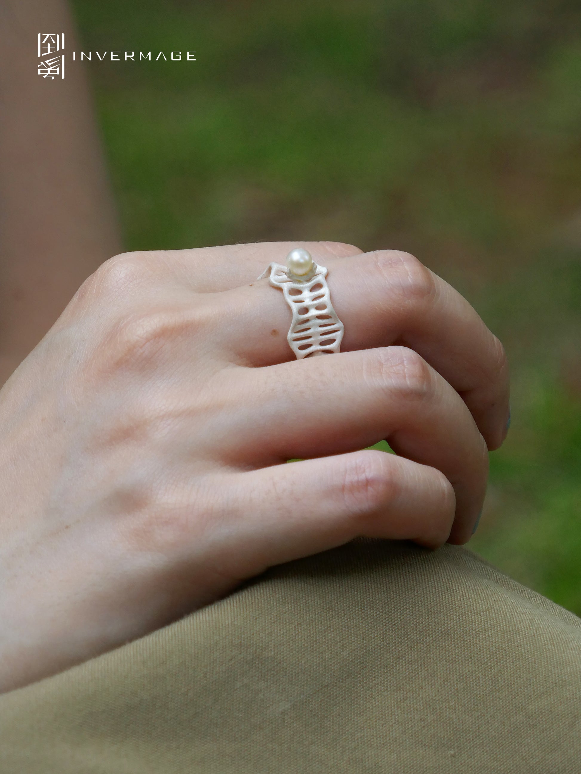Leaf Vein Pearl Band Ring by INVERMAGE, product view 2