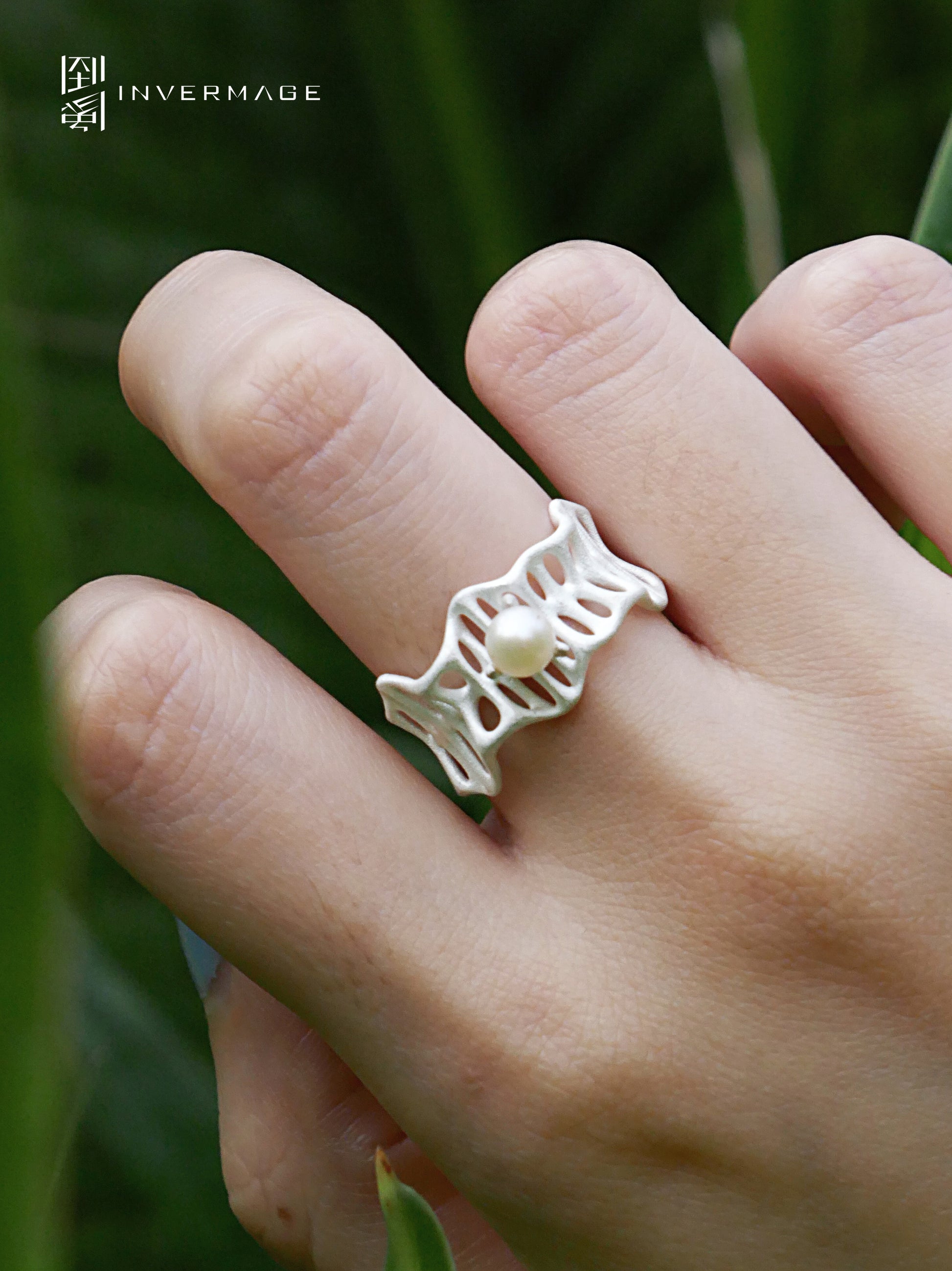 Leaf Vein Pearl Band Ring by INVERMAGE, product view 4