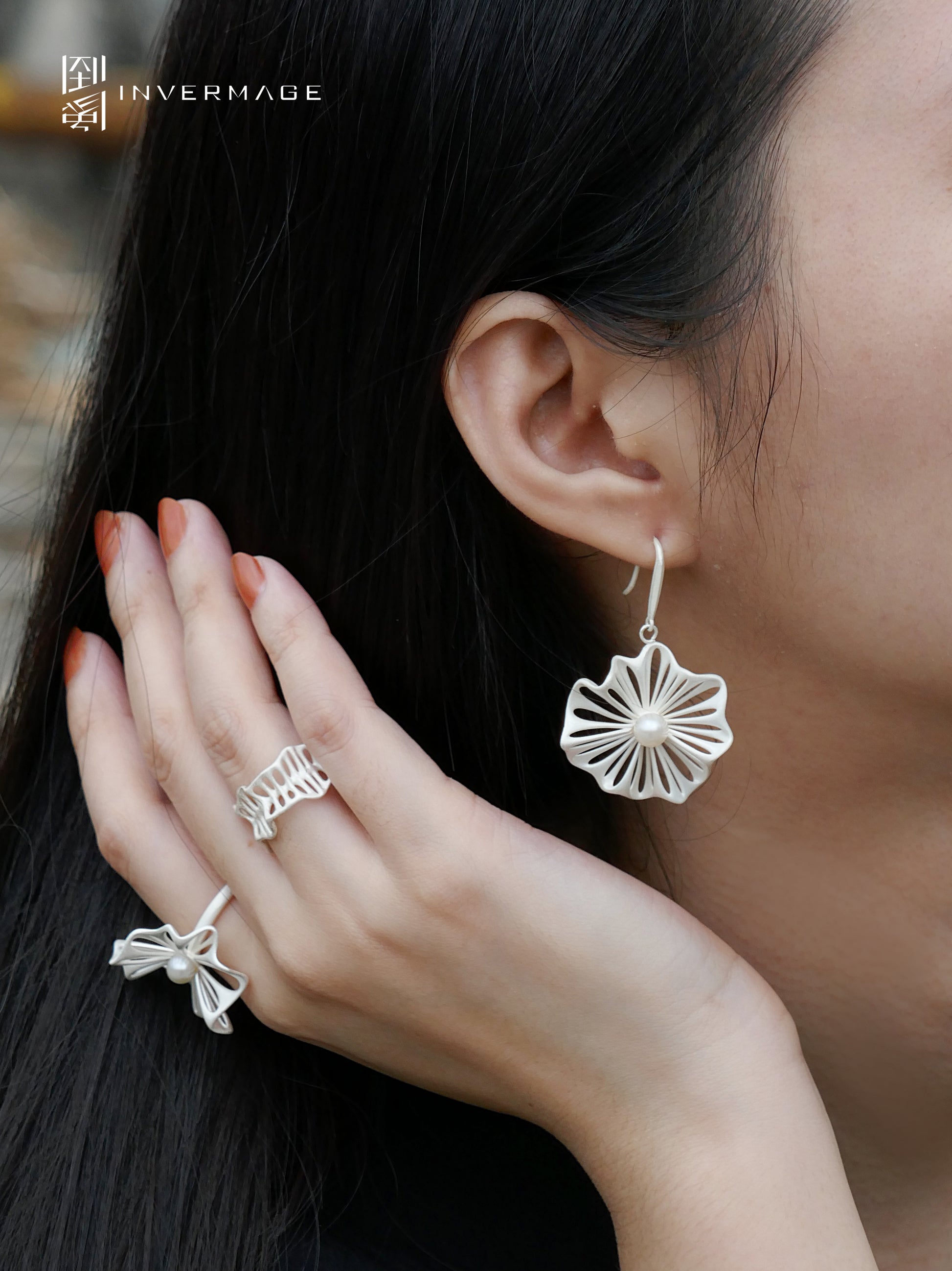 Leaf Vein Pearl Drop Earrings by INVERMAGE, product view 4
