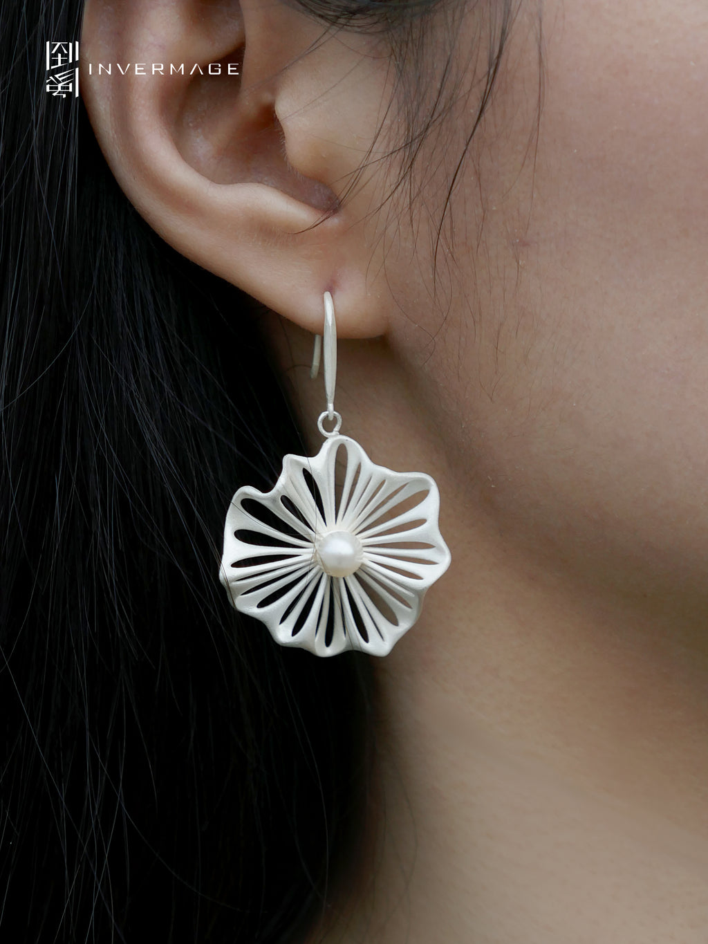 Leaf Vein Pearl Drop Earrings by INVERMAGE, product view 6