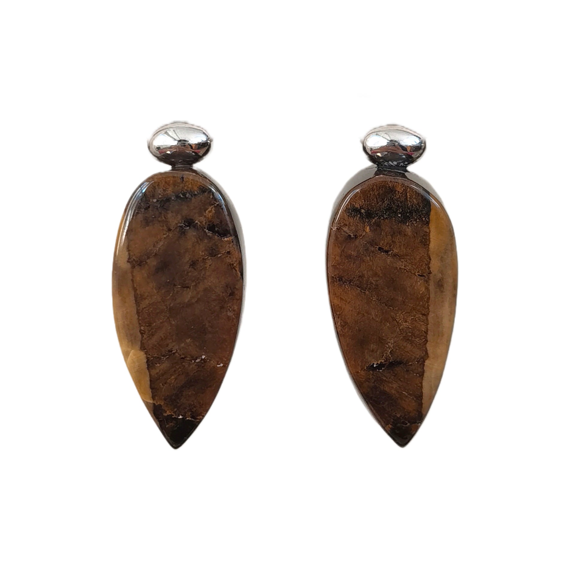 Meicily Natural Burmese Root Amber Teardrop Earrings handcrafted from a single piece of amber