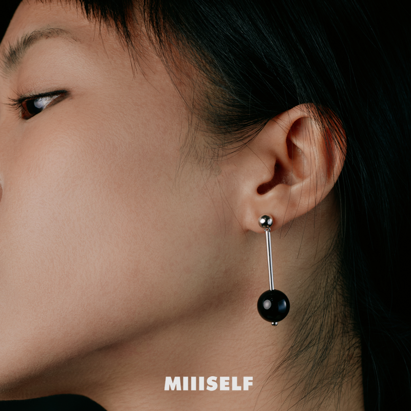 MIIISELF geometric sphere drop earrings crafted in rhodium-plated 925 sterling silver with natural black onyx.