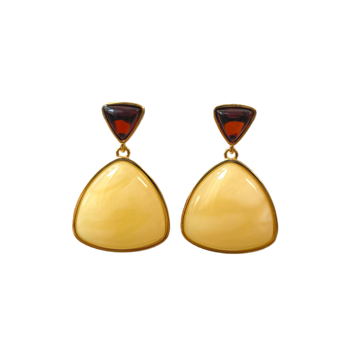 Meicily Natural Blood Amber & Beeswax Triangle Earrings featuring handcrafted geometric design.