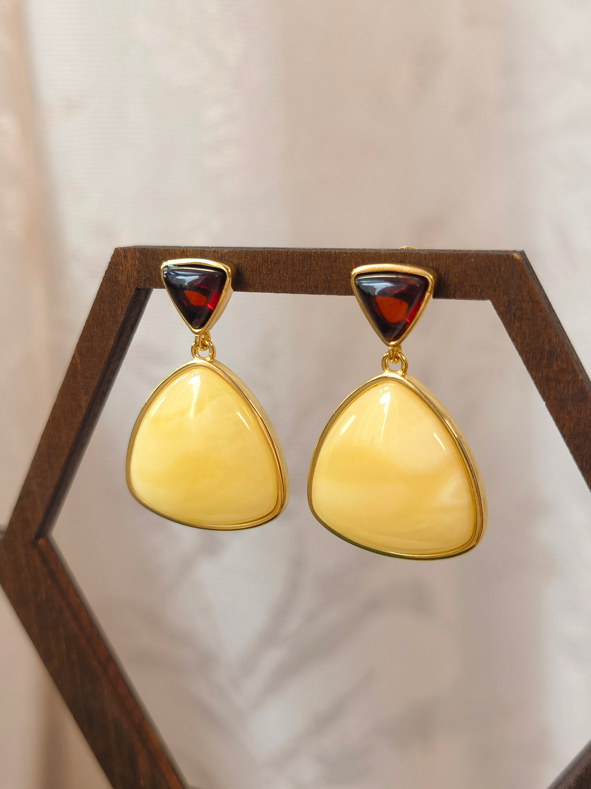 Natural Blood Amber & Beeswax Triangle Earrings — Meicily triangular amber earrings combining deep blood amber with creamy