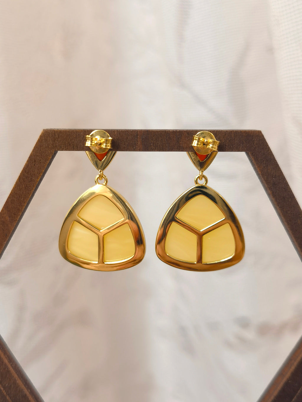 Natural Blood Amber & Beeswax Triangle Earrings — Meicily modern amber earrings balancing natural warmth, clarity, and