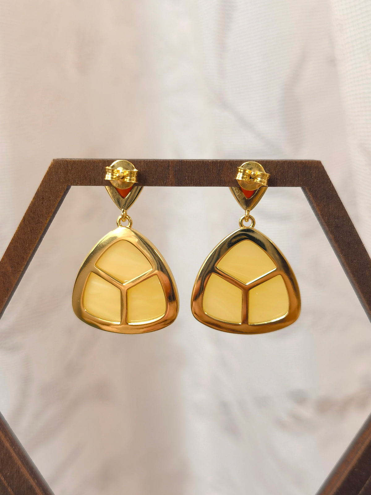 Natural Blood Amber & Beeswax Triangle Earrings — Meicily modern amber earrings balancing natural warmth, clarity, and
