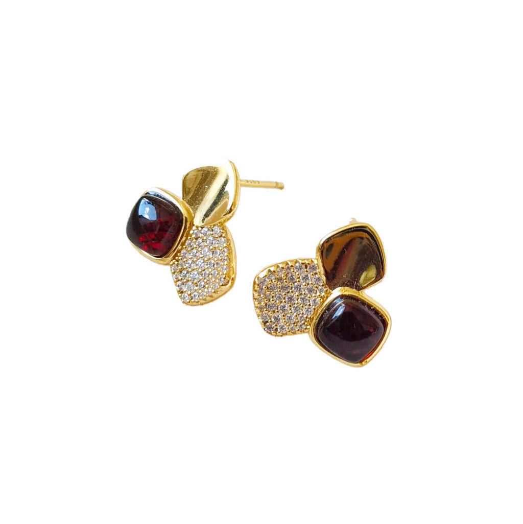 Meicily Natural Blood Amber Clover Earrings featuring three-leaf clover design with polished, mirror, and zirconia finishes.