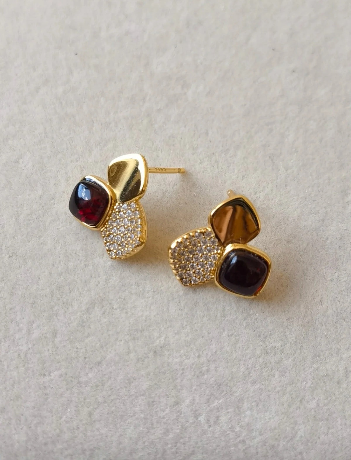 Natural Blood Amber Clover Earrings — Meicily handcrafted clover earrings combining natural amber, gold finish, and pavé