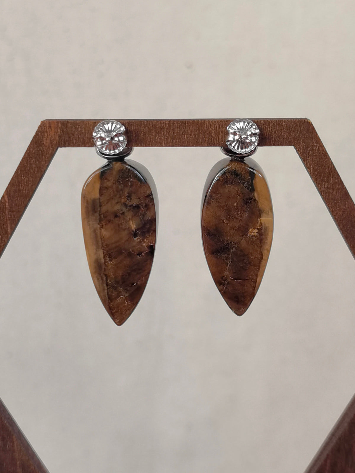 Natural Burmese Root Amber Teardrop Earrings — Meicily root amber earrings featuring soft brown earth tones and naturally