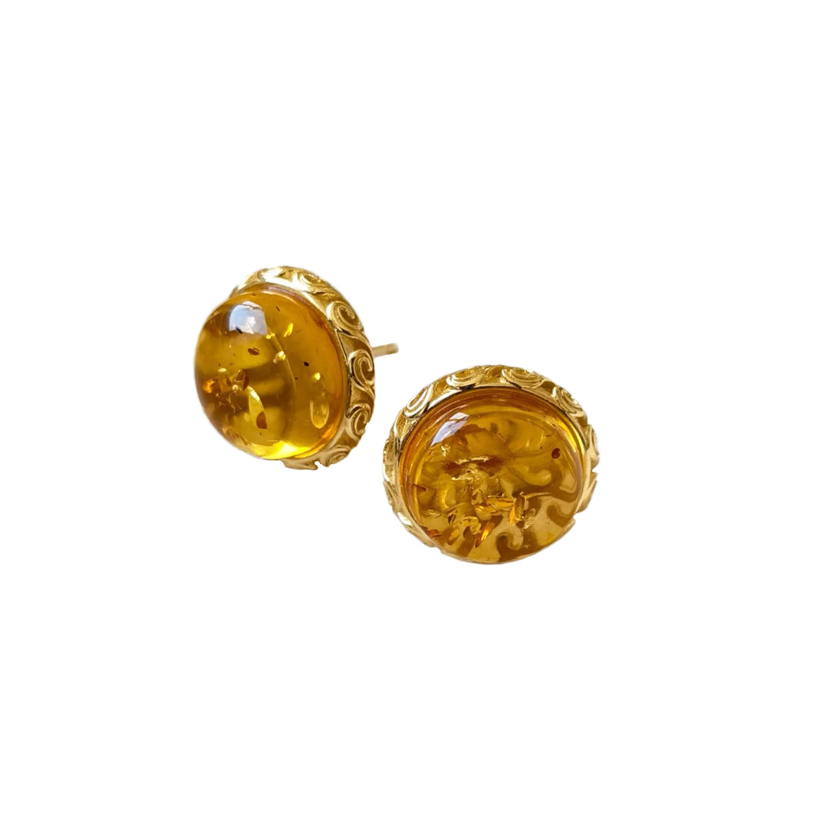 Meicily Natural Floral Amber Cabochon Earrings featuring 14mm cabochon-cut stones with natural inclusions.