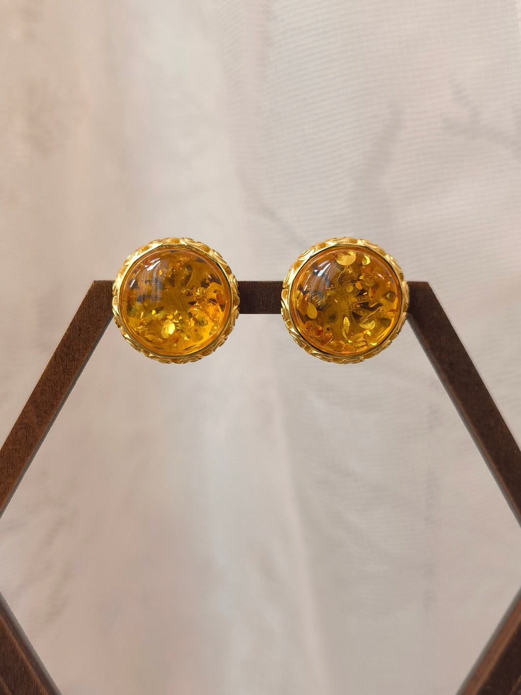 Natural Floral Amber Cabochon Earrings — Meicily handcrafted earrings highlighting the warmth and vitality of natural amber