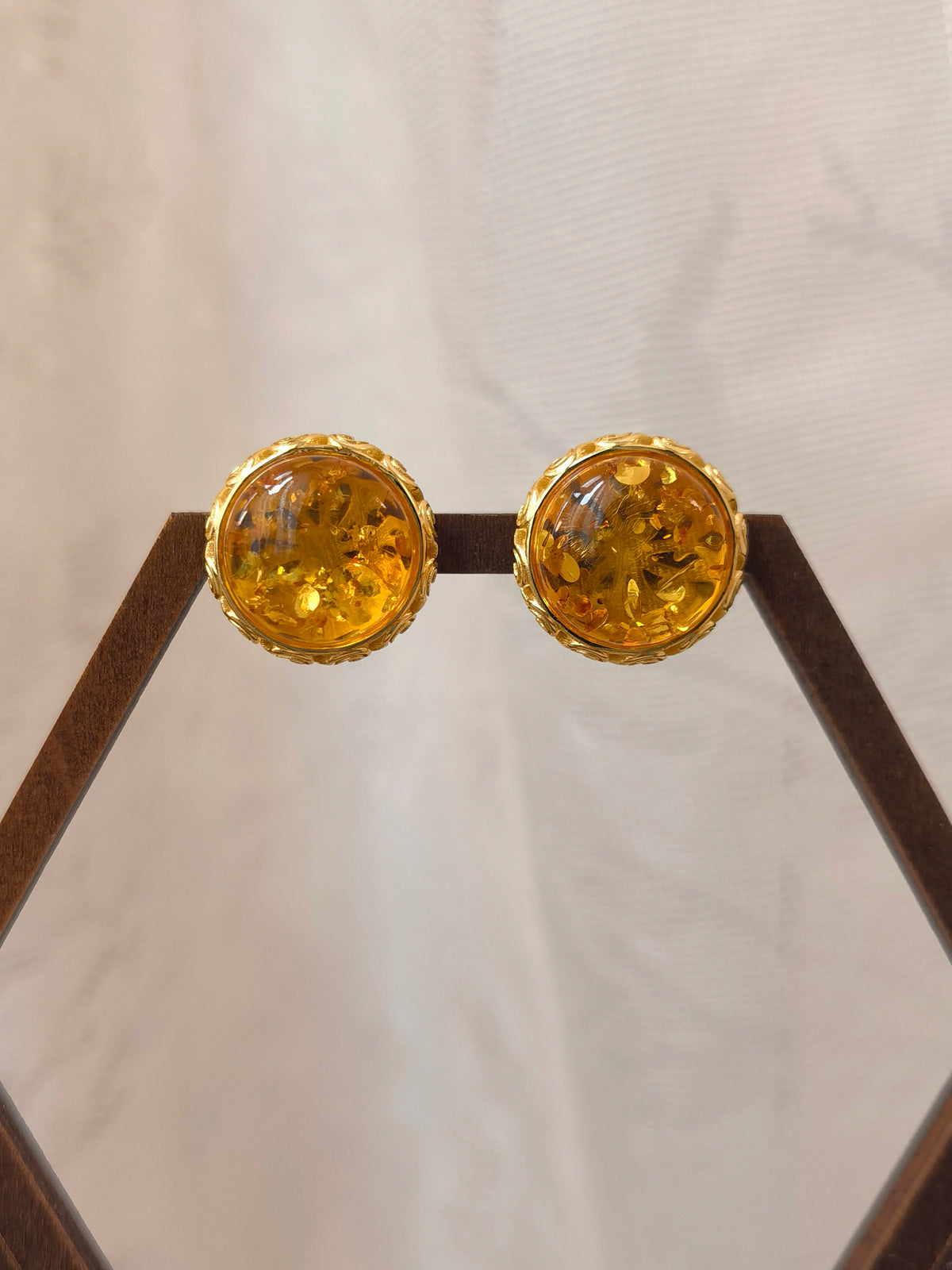Natural Floral Amber Cabochon Earrings — Meicily handcrafted earrings highlighting the warmth and vitality of natural amber