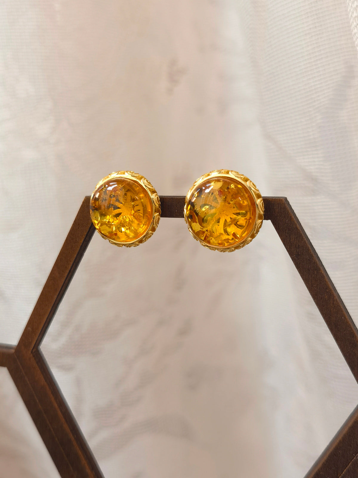 Natural Floral Amber Cabochon Earrings — Meicily artisan-crafted earrings with natural amber cabochons, perfect for everyday