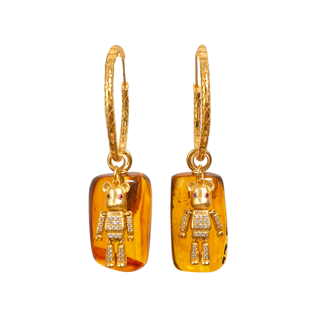 Meicily Natural Insect Amber & Bear Convertible Earrings featuring articulated teddy bear charms and amber drops
